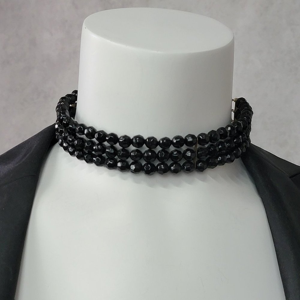 Multi Strand Black Beaded Adjustable Choker Necklace 16-19"